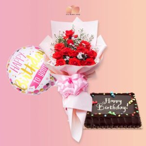 12 red roses bouquet, happy birthday balloon, chocolate dedication cake package