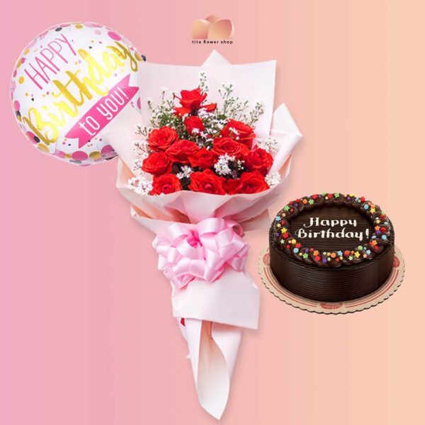 12 red roses bouquet wrap in pink, round chocolate dedication cake, happy birthday balloon