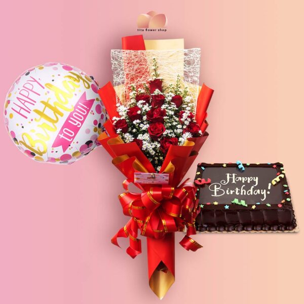 12 red roses bouquet in a red+gold wrap chocolate cake and happy birthday balloon