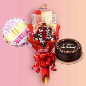 12 red roses bouquet wrapper color red+gold, round chocolate dedication cake, a balloon with happy birthday mark