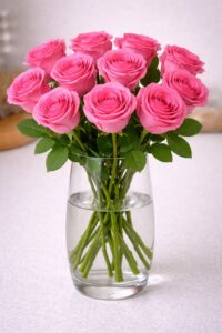 12 pink roses in a vase