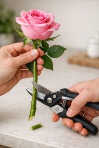 a hand cutting a rose stem