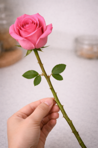 A hand peeling a pink rose leaves
