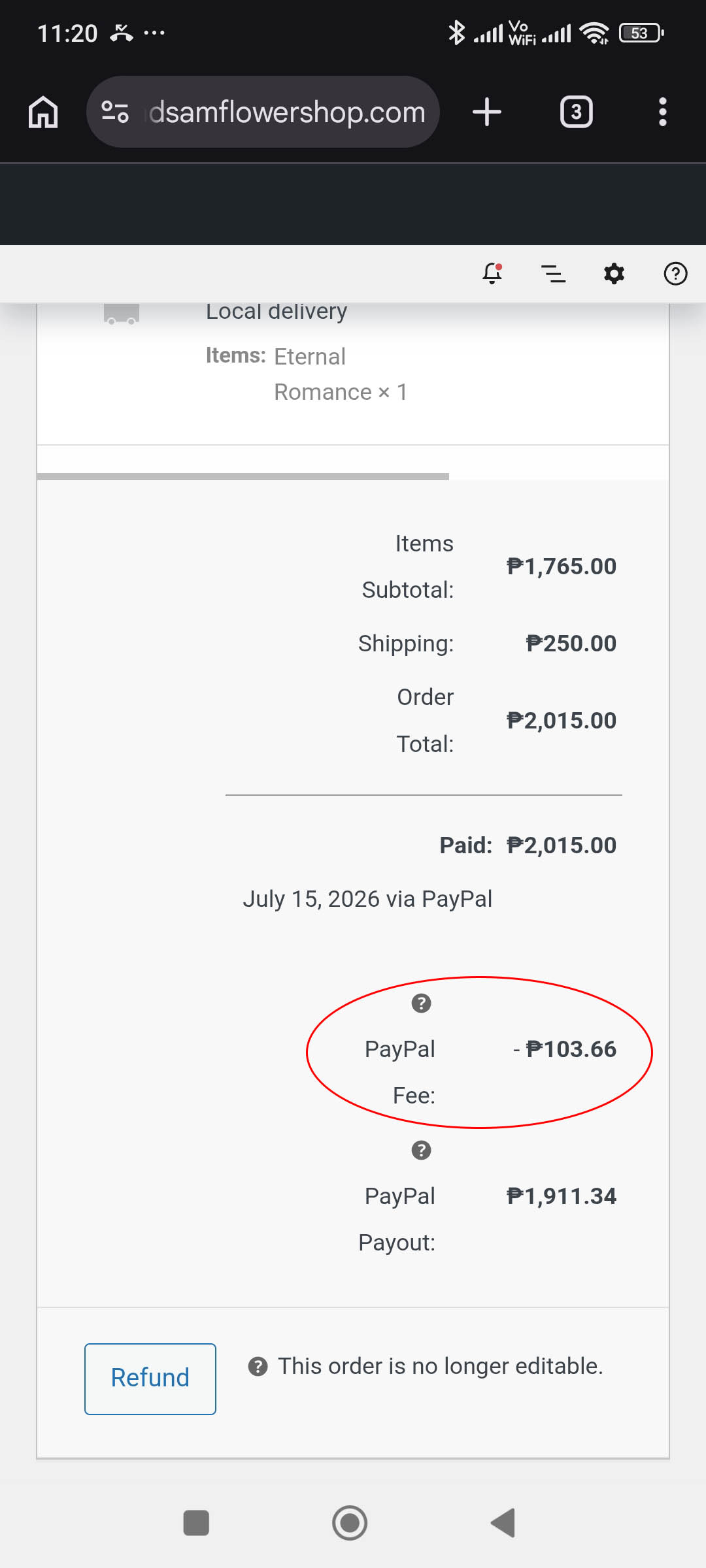 PayPal fee calculator example showing PayPal transaction fee deduction and payout amount for a Philippine payment of ₱2,015.00