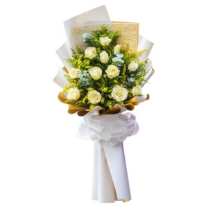 Elegant bouquet of twelve white roses with white and gold wrapping for flower delivery in Bohol