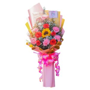 Fresh sunflower and red rose bouquet with pink carnations gift arrangement