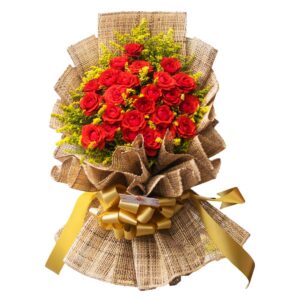 Bouquet of 24 fresh red roses wrapped in a rustic native burlap wrapper