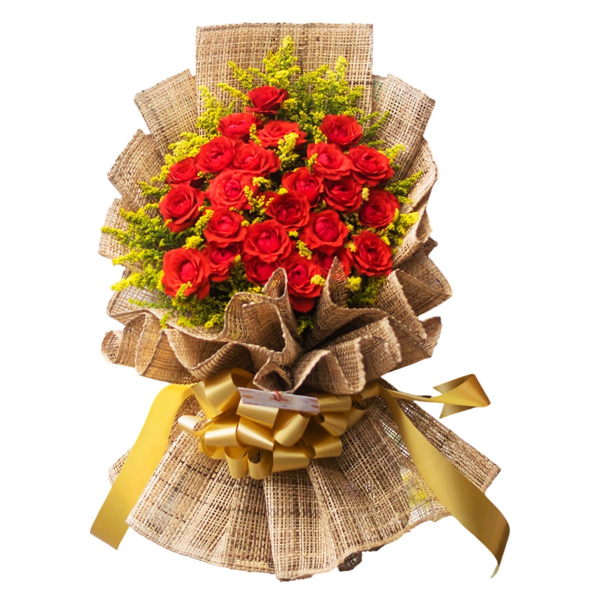 Bouquet of 24 fresh red roses wrapped in a rustic native burlap wrapper