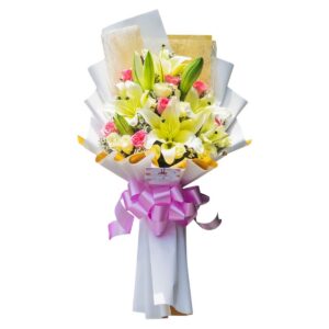 Fresh white lily bouquet with seven pink roses and nine white roses