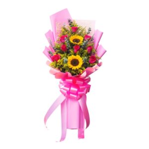 Fresh sunflower bouquet with pink roses and pastel pink wrapper