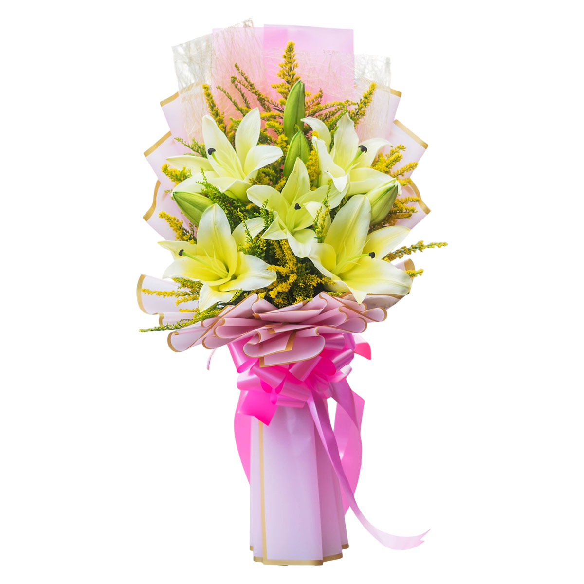 Fresh white lily bouquet with pastel pink and gold wrapper