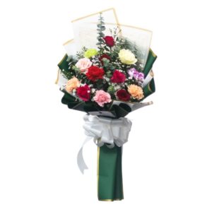 Fresh assorted carnations and colorful roses bouquet with green wrapper
