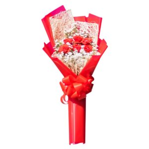 Bouquet of 6 fresh red roses wrapped in an elegant red wrapper for a romantic gift